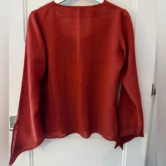 90s LINEN Terracotta/Rust Fairycore/Boho Bell Sleeve Top Rushed fringe XS/S/M - Picture 4 of 8